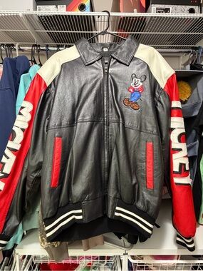 Mickey Embroidered Black Leather Bomber Jacket with Red Accents